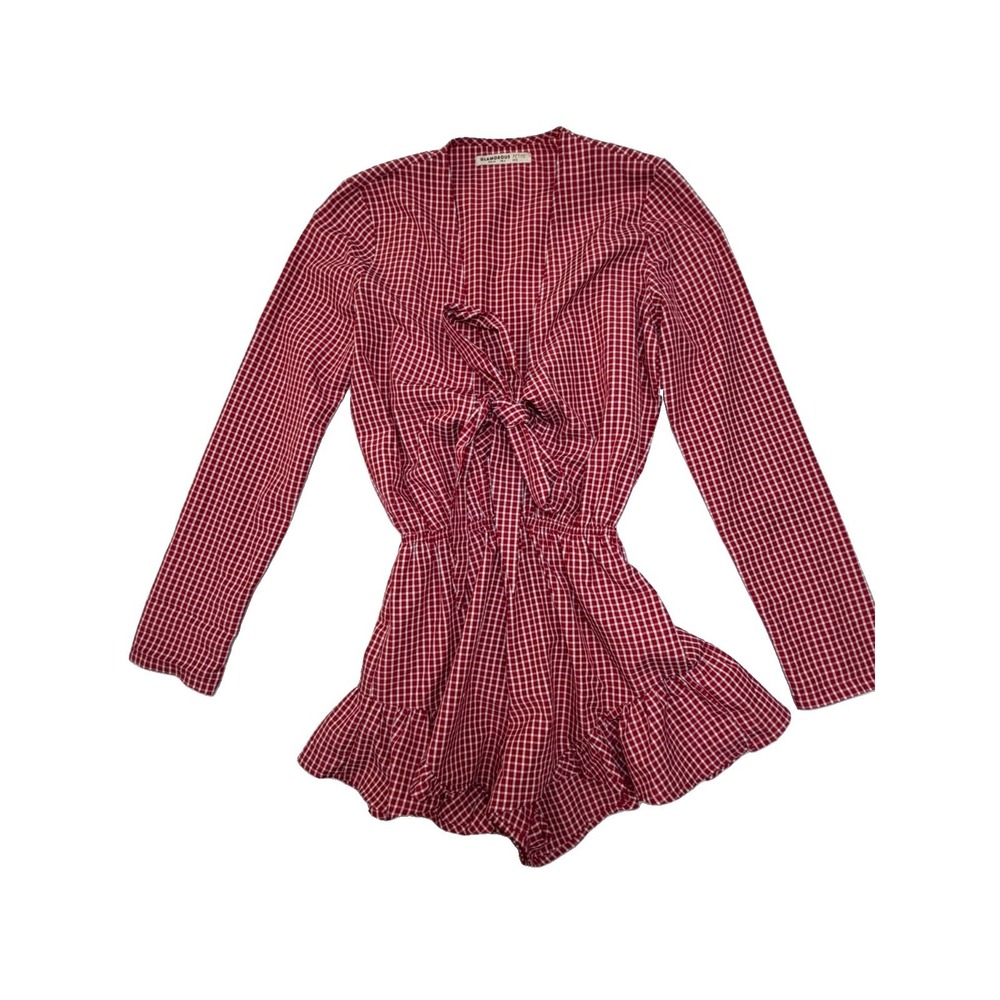 Glamorous Petite Womens Size 0 Red Gingham Tie Front Ruffle Romper Long Sleeve